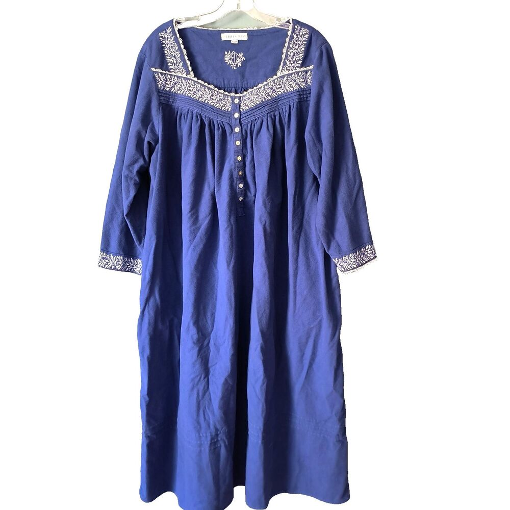 Eileen West Nightgown XL Blue Fairy Tale Cotton Flannel Lace Long Cottage Cozy